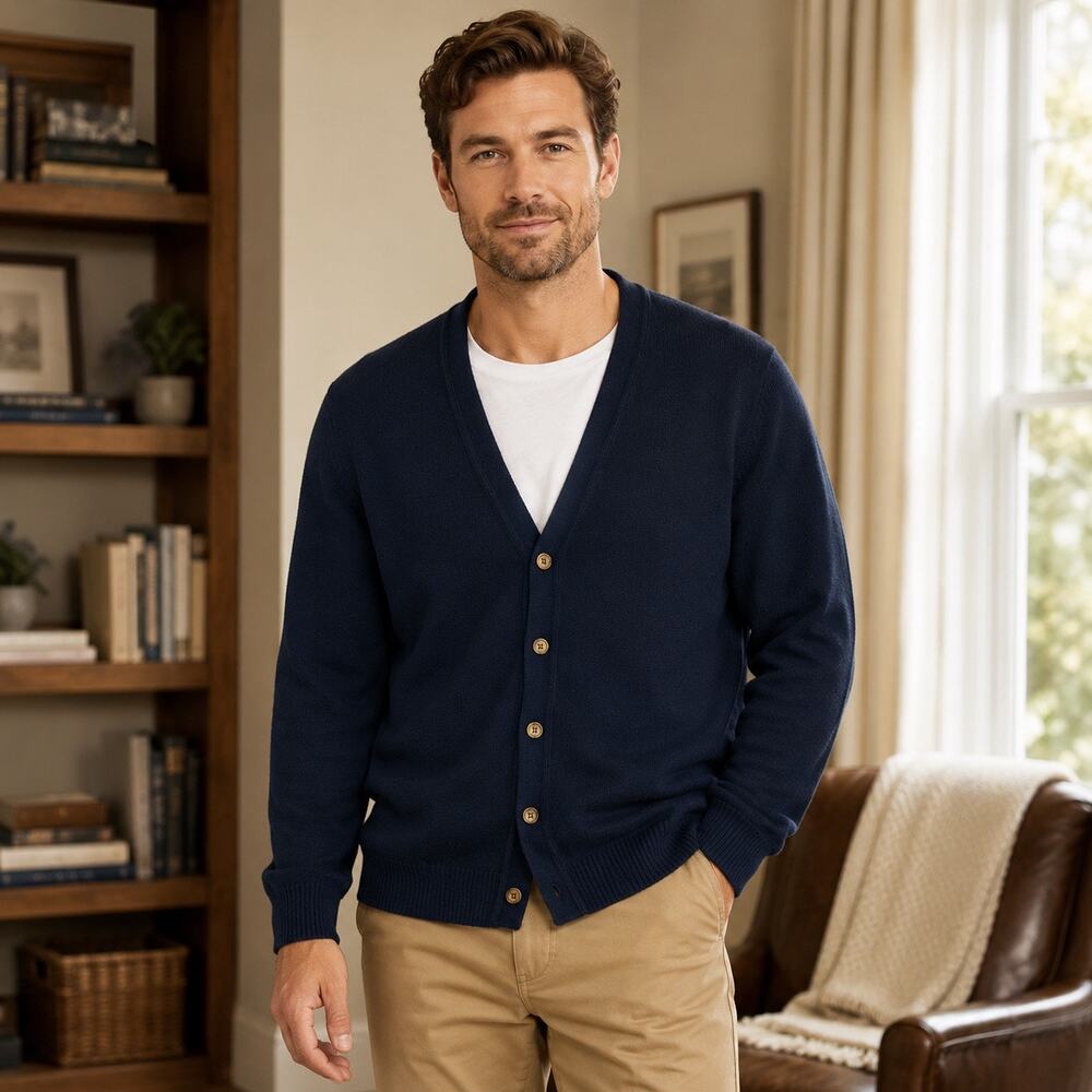 Lands End Mens Medium Navy Blue Cardigan Sweater 100% Cotton Made In USA